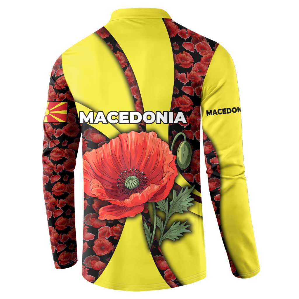Macedonia Button Sweatshirt with Red Poppy Flower and Curved Panel Design - Wonder Print Shop