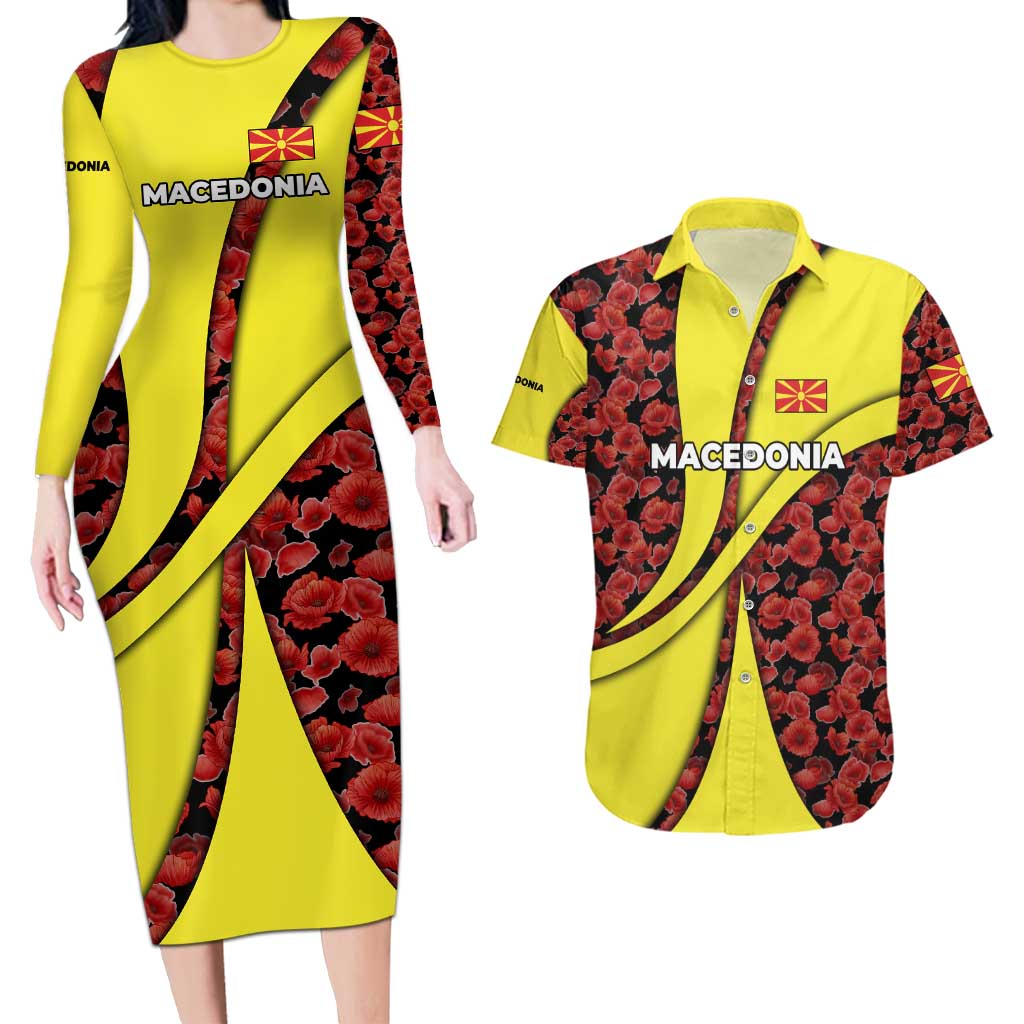 Macedonia Couples Matching Long Sleeve Bodycon Dress and Hawaiian Shirt with Red Poppy Flower and Curved Panel Design - Wonder Print Shop