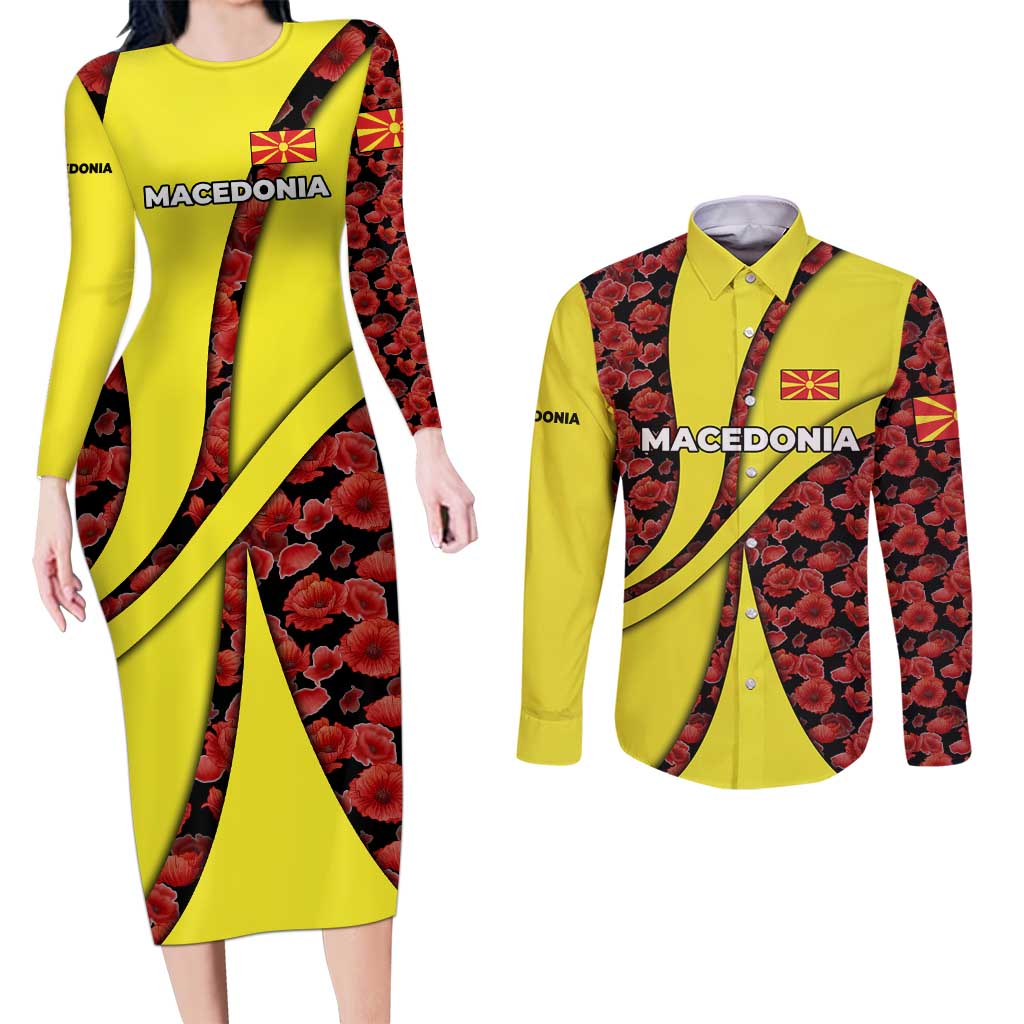 Macedonia Couples Matching Long Sleeve Bodycon Dress and Long Sleeve Button Shirt with Red Poppy Flower and Curved Panel Design - Wonder Print Shop