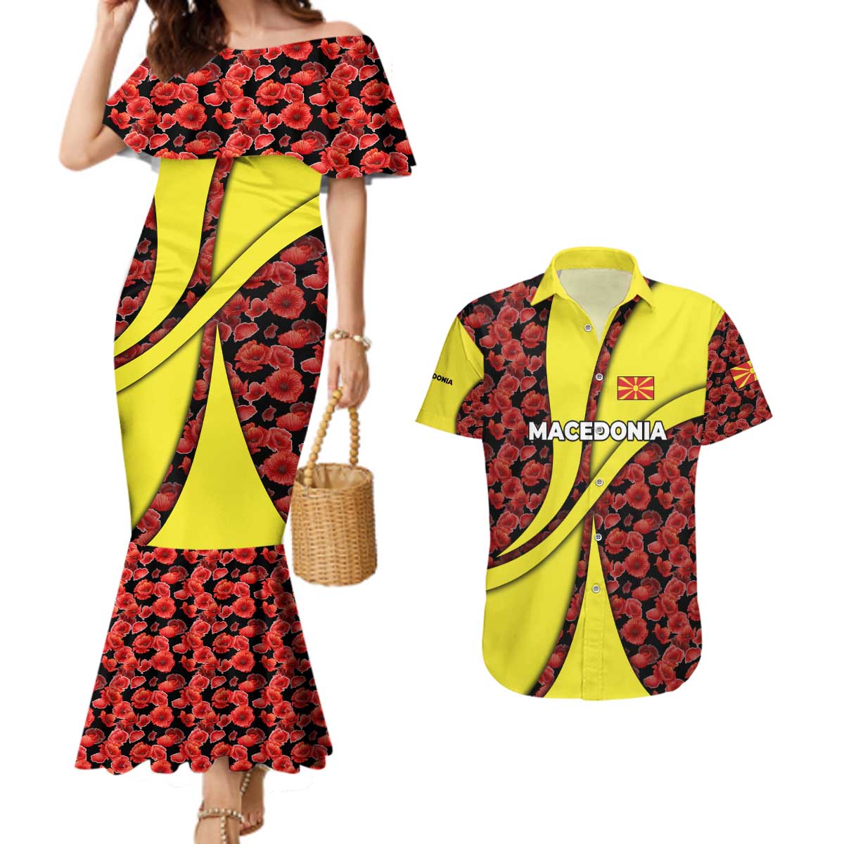 Macedonia Couples Matching Mermaid Dress and Hawaiian Shirt with Red Poppy Flower and Curved Panel Design - Wonder Print Shop