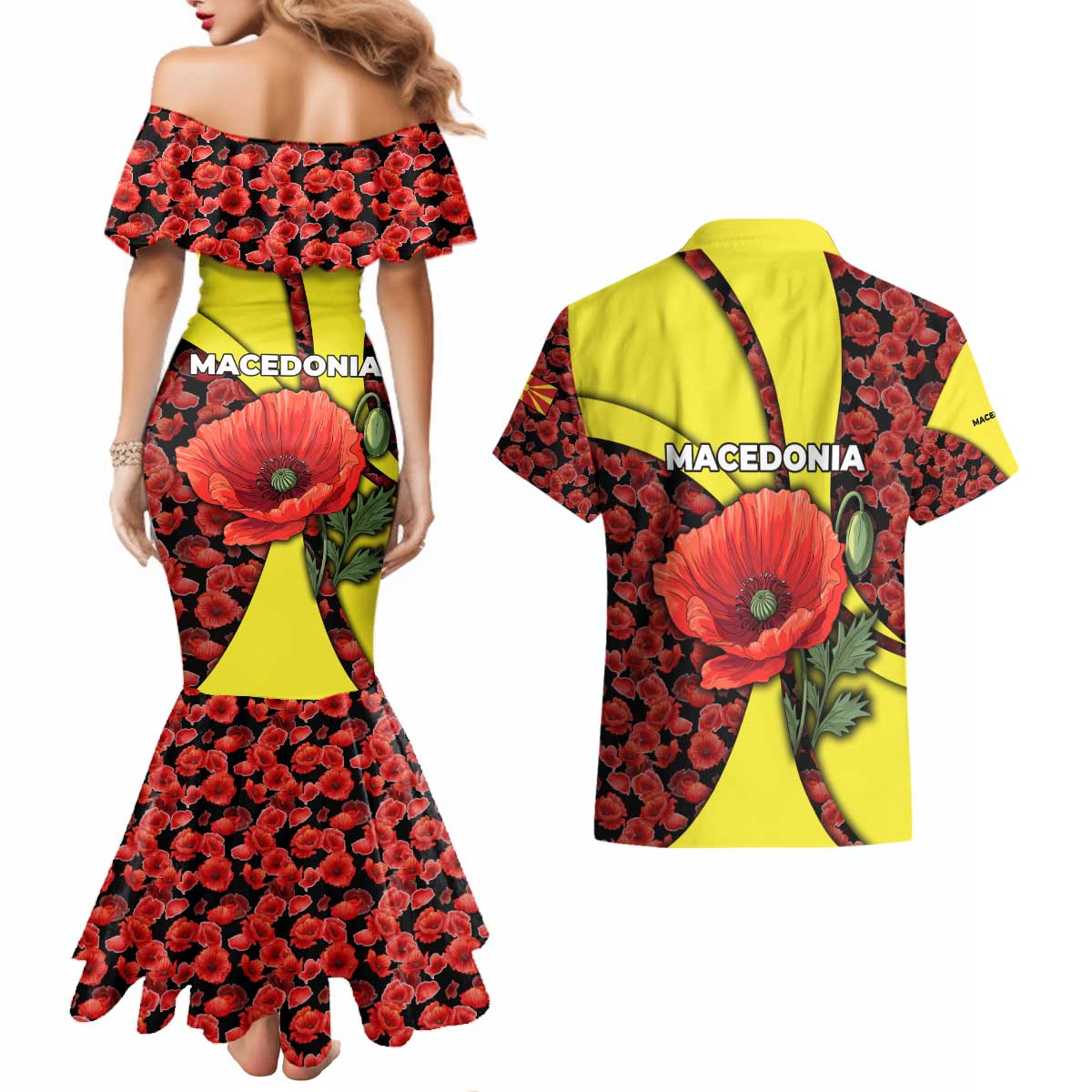 Macedonia Couples Matching Mermaid Dress and Hawaiian Shirt with Red Poppy Flower and Curved Panel Design - Wonder Print Shop