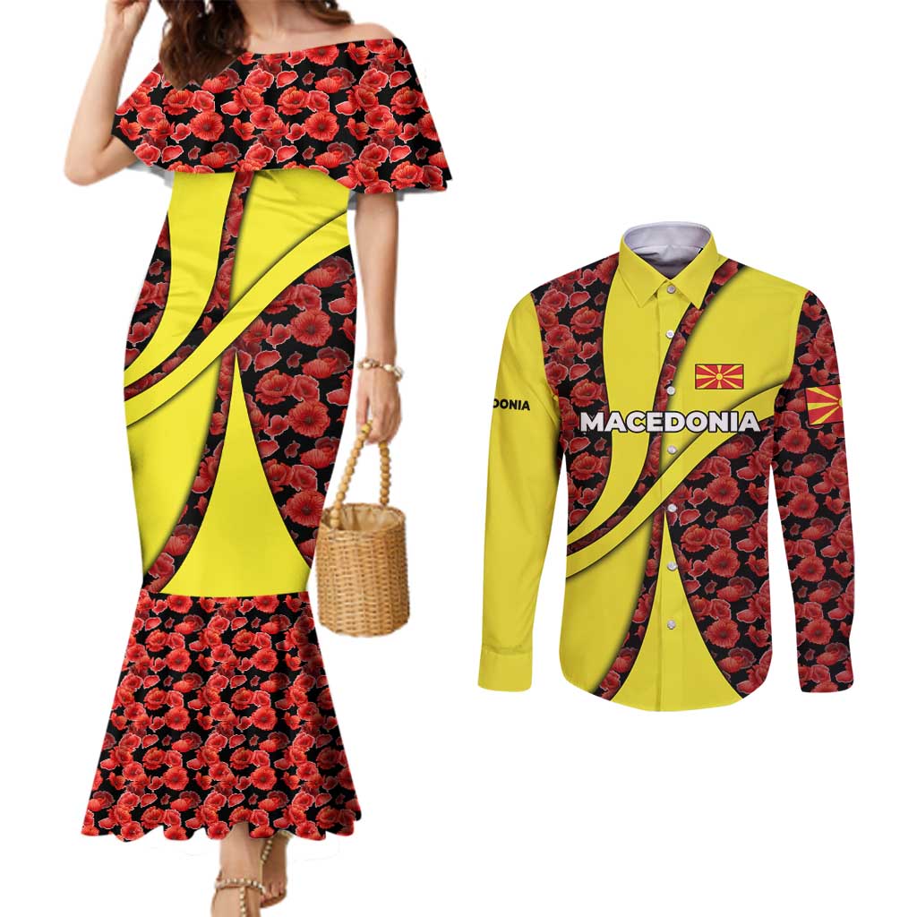 Macedonia Couples Matching Mermaid Dress and Long Sleeve Button Shirt with Red Poppy Flower and Curved Panel Design - Wonder Print Shop