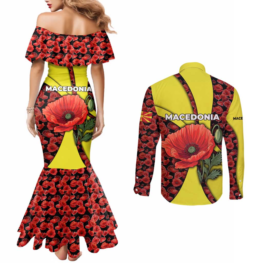 Macedonia Couples Matching Mermaid Dress and Long Sleeve Button Shirt with Red Poppy Flower and Curved Panel Design - Wonder Print Shop