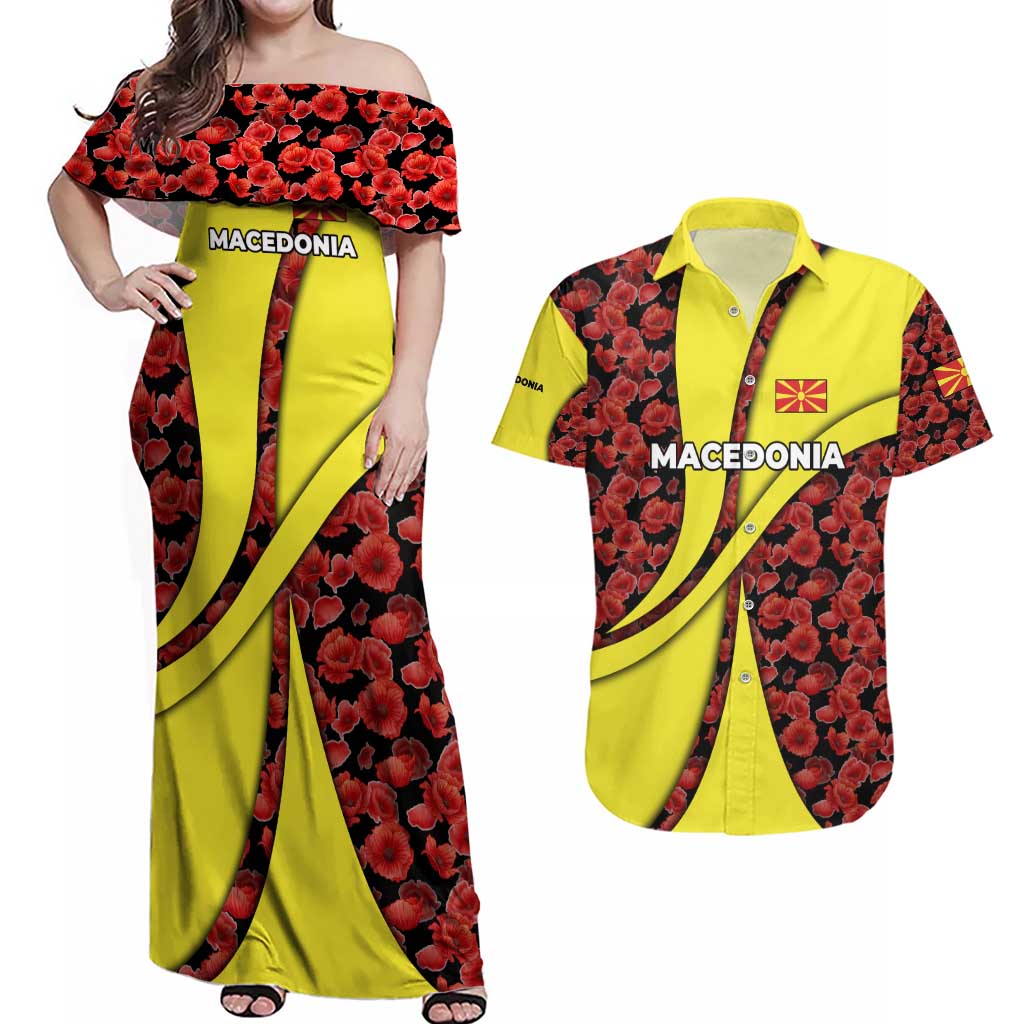 Macedonia Couples Matching Off Shoulder Maxi Dress and Hawaiian Shirt with Red Poppy Flower and Curved Panel Design - Wonder Print Shop
