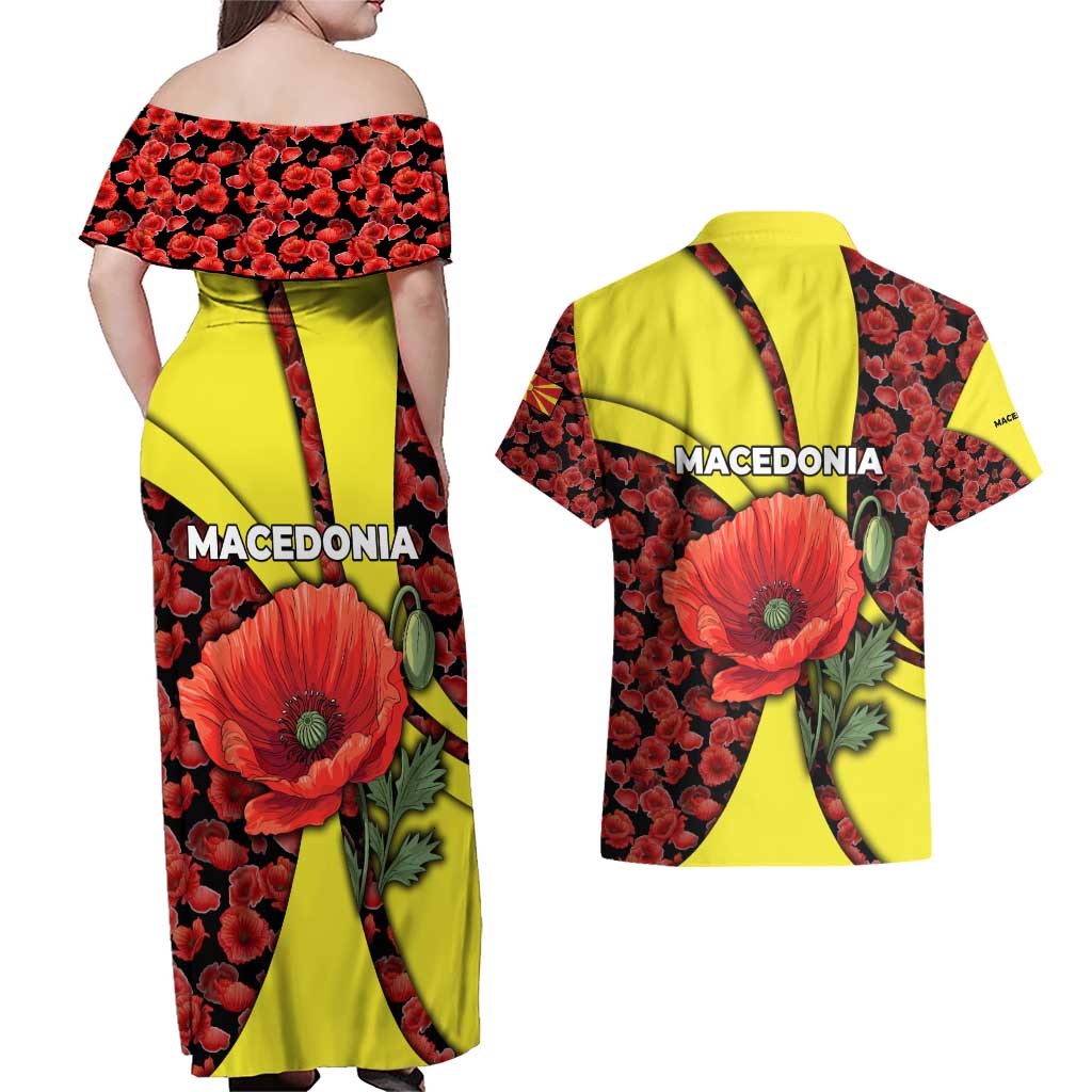 Macedonia Couples Matching Off Shoulder Maxi Dress and Hawaiian Shirt with Red Poppy Flower and Curved Panel Design - Wonder Print Shop