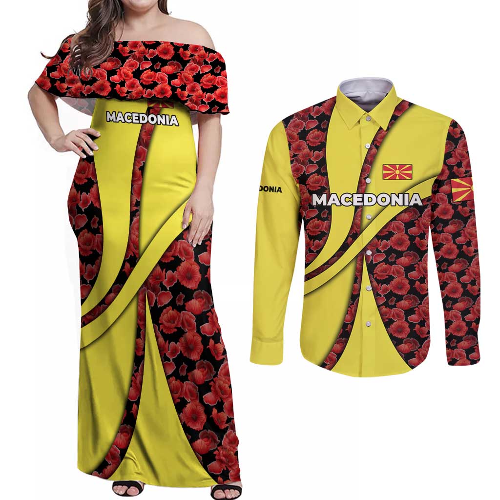 Macedonia Couples Matching Off Shoulder Maxi Dress and Long Sleeve Button Shirt with Red Poppy Flower and Curved Panel Design - Wonder Print Shop