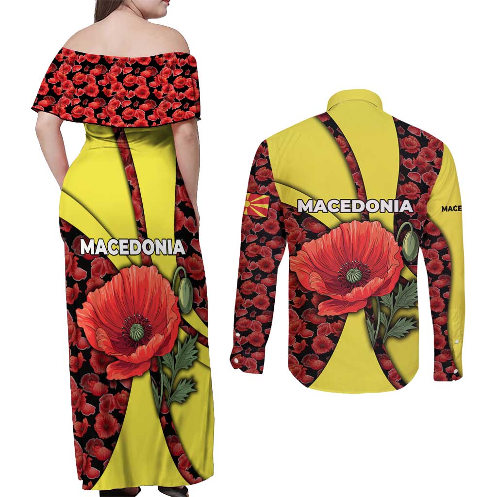 Macedonia Couples Matching Off Shoulder Maxi Dress and Long Sleeve Button Shirt with Red Poppy Flower and Curved Panel Design - Wonder Print Shop