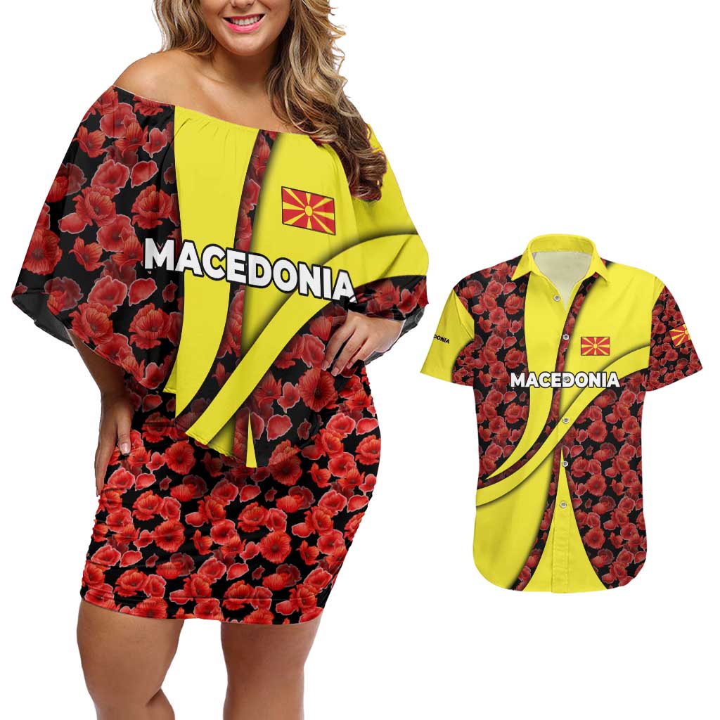 Macedonia Couples Matching Off Shoulder Short Dress and Hawaiian Shirt with Red Poppy Flower and Curved Panel Design - Wonder Print Shop
