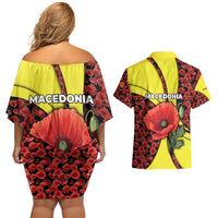 Macedonia Couples Matching Off Shoulder Short Dress and Hawaiian Shirt with Red Poppy Flower and Curved Panel Design - Wonder Print Shop