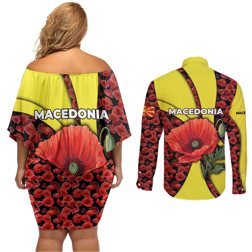 Macedonia Couples Matching Off Shoulder Short Dress and Long Sleeve Button Shirt with Red Poppy Flower and Curved Panel Design - Wonder Print Shop
