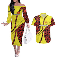 Macedonia Couples Matching Off The Shoulder Long Sleeve Dress and Hawaiian Shirt with Red Poppy Flower and Curved Panel Design - Wonder Print Shop