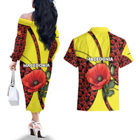 Macedonia Couples Matching Off The Shoulder Long Sleeve Dress and Hawaiian Shirt with Red Poppy Flower and Curved Panel Design - Wonder Print Shop