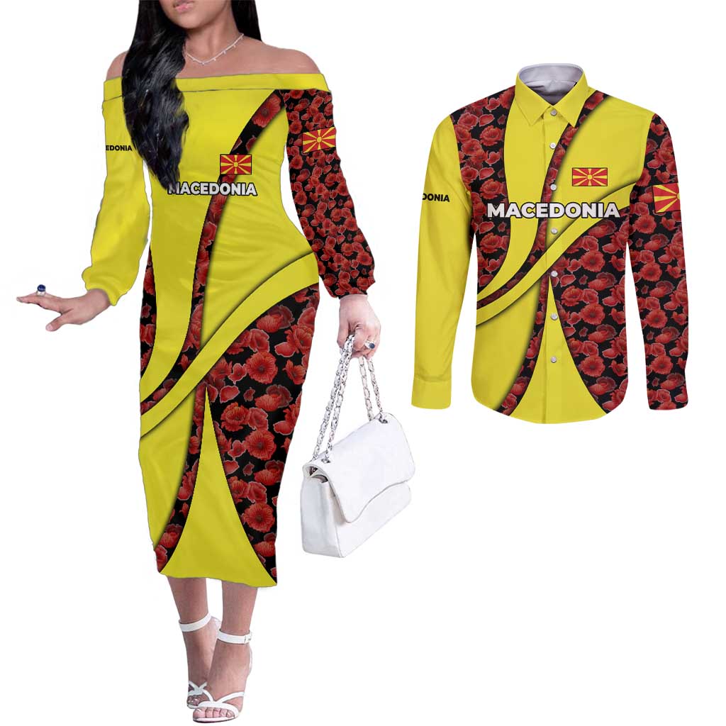 Macedonia Couples Matching Off The Shoulder Long Sleeve Dress and Long Sleeve Button Shirt with Red Poppy Flower and Curved Panel Design - Wonder Print Shop