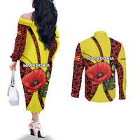 Macedonia Couples Matching Off The Shoulder Long Sleeve Dress and Long Sleeve Button Shirt with Red Poppy Flower and Curved Panel Design - Wonder Print Shop