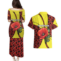 Macedonia Couples Matching Puletasi and Hawaiian Shirt with Red Poppy Flower and Curved Panel Design - Wonder Print Shop