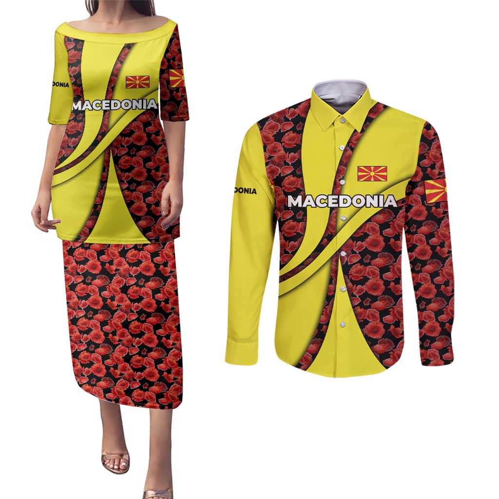 Macedonia Couples Matching Puletasi and Long Sleeve Button Shirt with Red Poppy Flower and Curved Panel Design - Wonder Print Shop