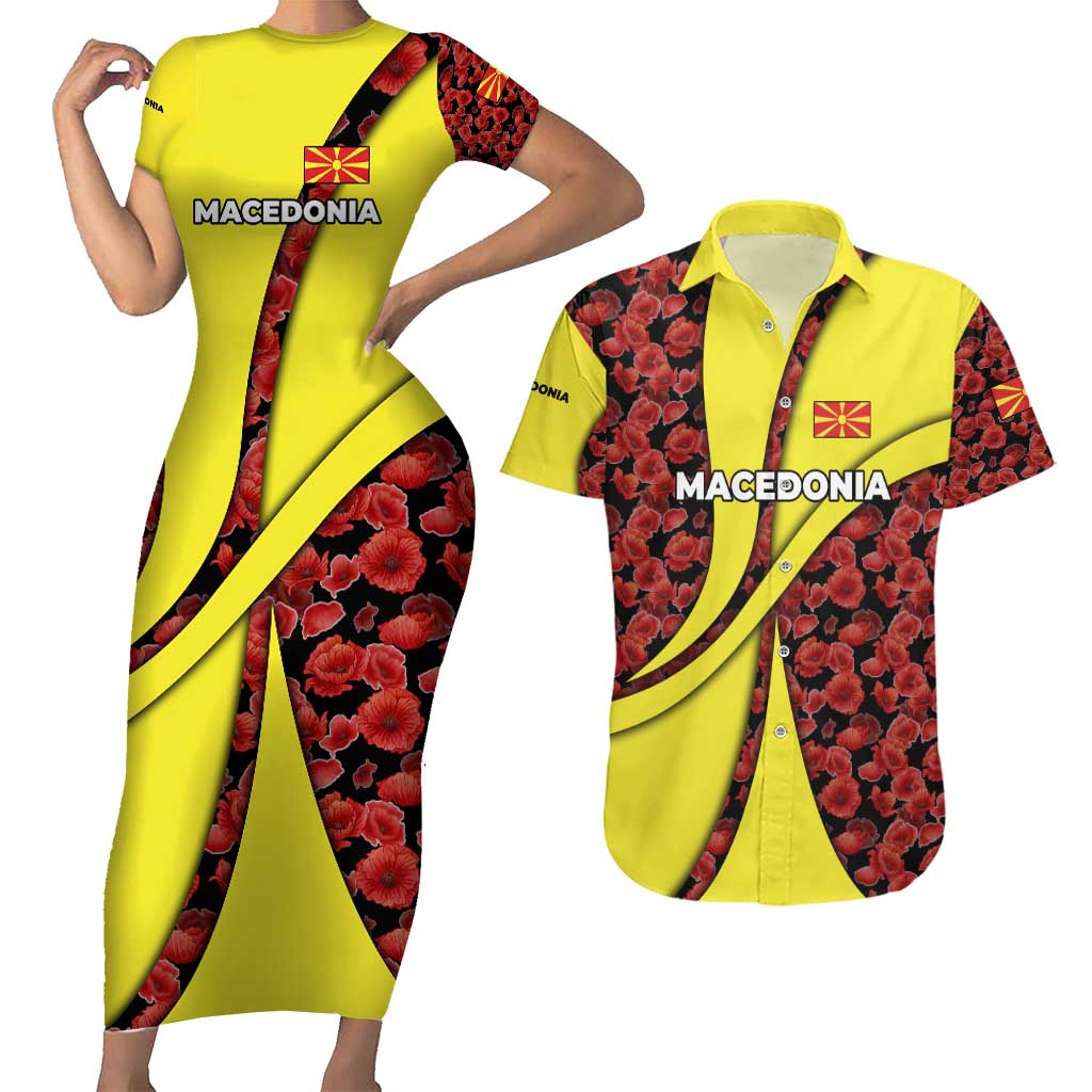 Macedonia Couples Matching Short Sleeve Bodycon Dress and Hawaiian Shirt with Red Poppy Flower and Curved Panel Design - Wonder Print Shop