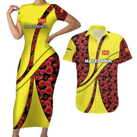 Macedonia Couples Matching Short Sleeve Bodycon Dress and Hawaiian Shirt with Red Poppy Flower and Curved Panel Design - Wonder Print Shop