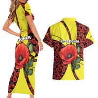 Macedonia Couples Matching Short Sleeve Bodycon Dress and Hawaiian Shirt with Red Poppy Flower and Curved Panel Design - Wonder Print Shop