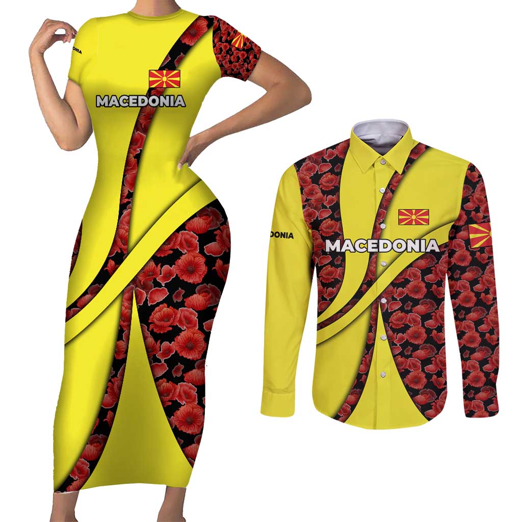 Macedonia Couples Matching Short Sleeve Bodycon Dress and Long Sleeve Button Shirt with Red Poppy Flower and Curved Panel Design - Wonder Print Shop
