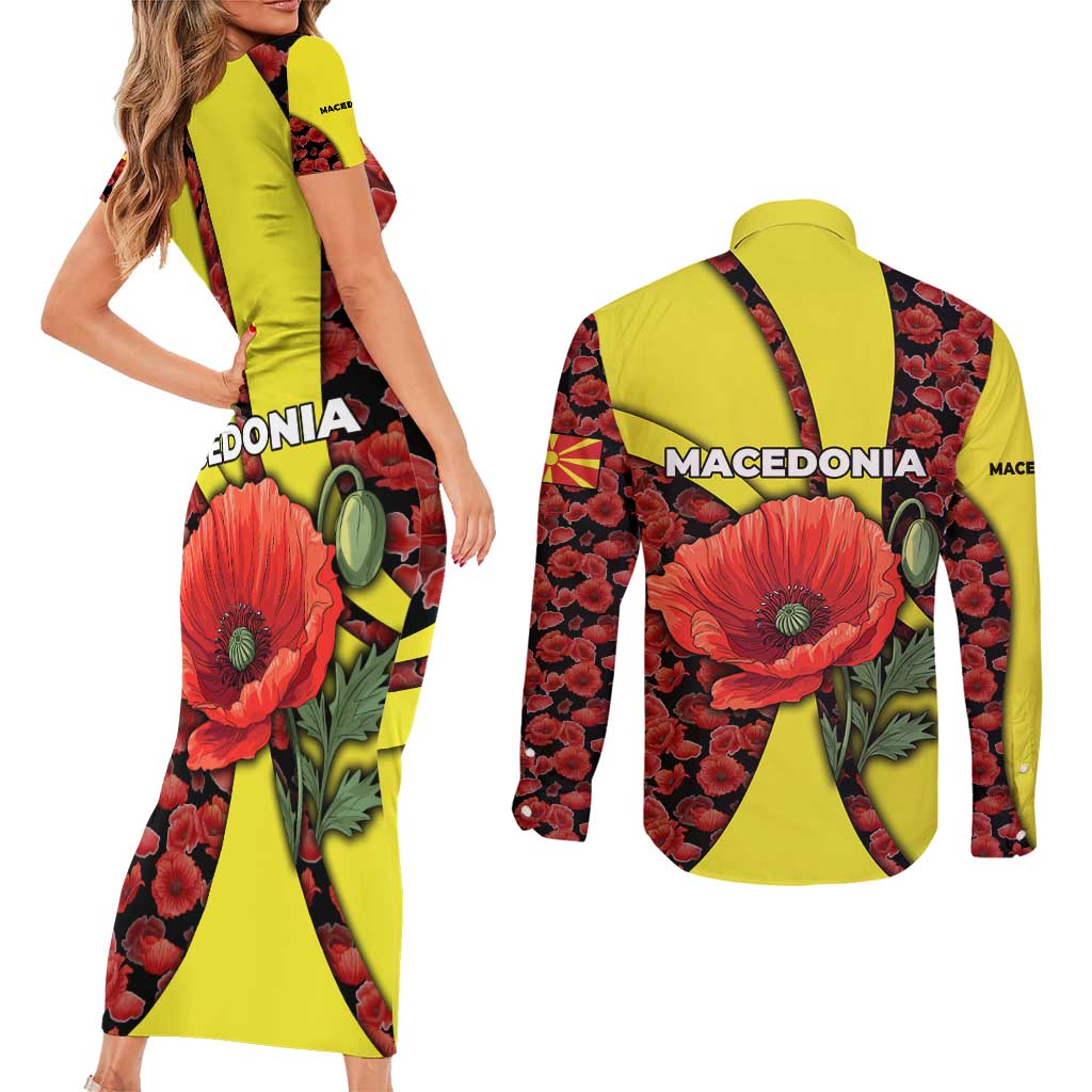 Macedonia Couples Matching Short Sleeve Bodycon Dress and Long Sleeve Button Shirt with Red Poppy Flower and Curved Panel Design - Wonder Print Shop