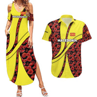 Macedonia Couples Matching Summer Maxi Dress and Hawaiian Shirt with Red Poppy Flower and Curved Panel Design - Wonder Print Shop