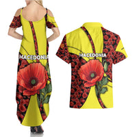 Macedonia Couples Matching Summer Maxi Dress and Hawaiian Shirt with Red Poppy Flower and Curved Panel Design - Wonder Print Shop
