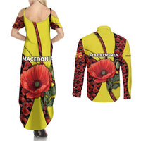 Macedonia Couples Matching Summer Maxi Dress and Long Sleeve Button Shirt with Red Poppy Flower and Curved Panel Design - Wonder Print Shop