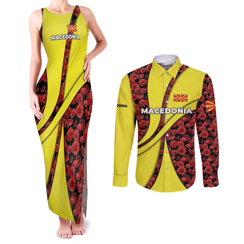 Macedonia Couples Matching Tank Maxi Dress and Long Sleeve Button Shirt with Red Poppy Flower and Curved Panel Design - Wonder Print Shop