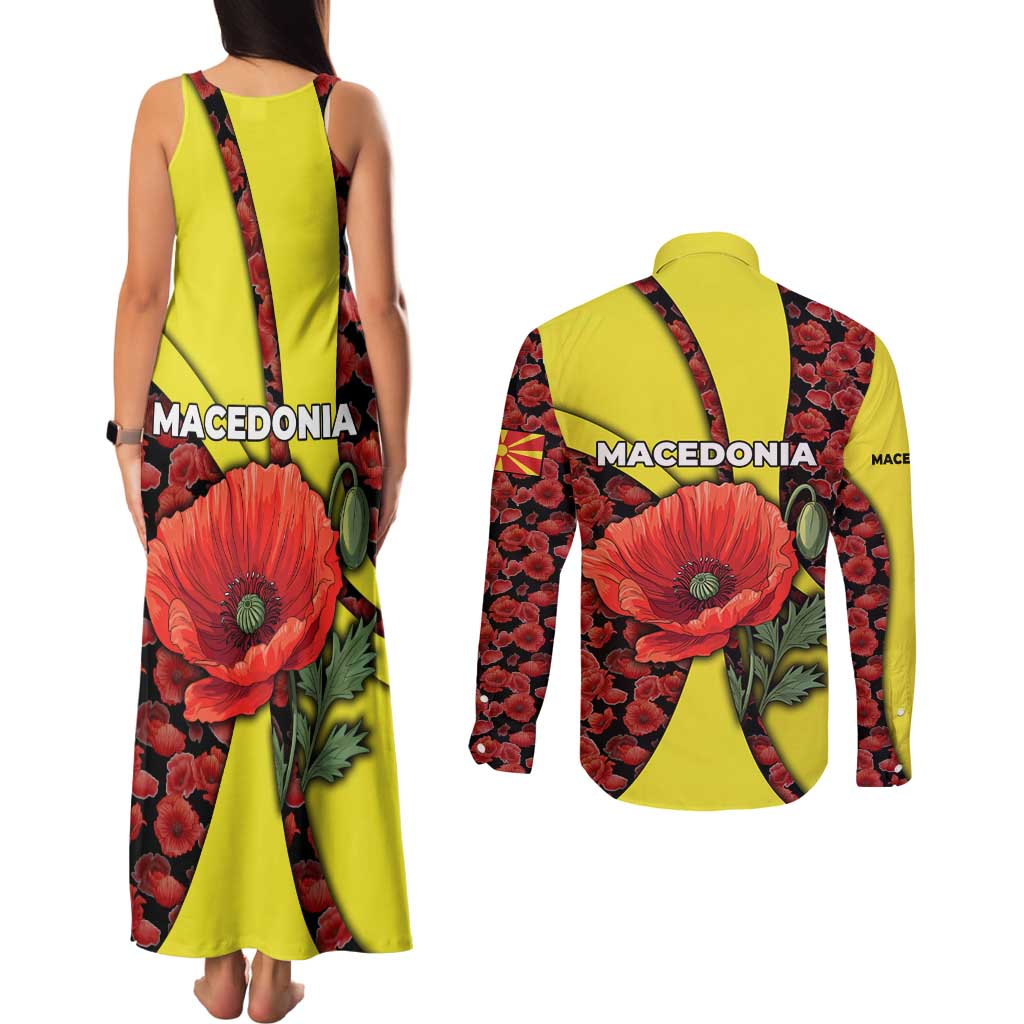 Macedonia Couples Matching Tank Maxi Dress and Long Sleeve Button Shirt with Red Poppy Flower and Curved Panel Design - Wonder Print Shop