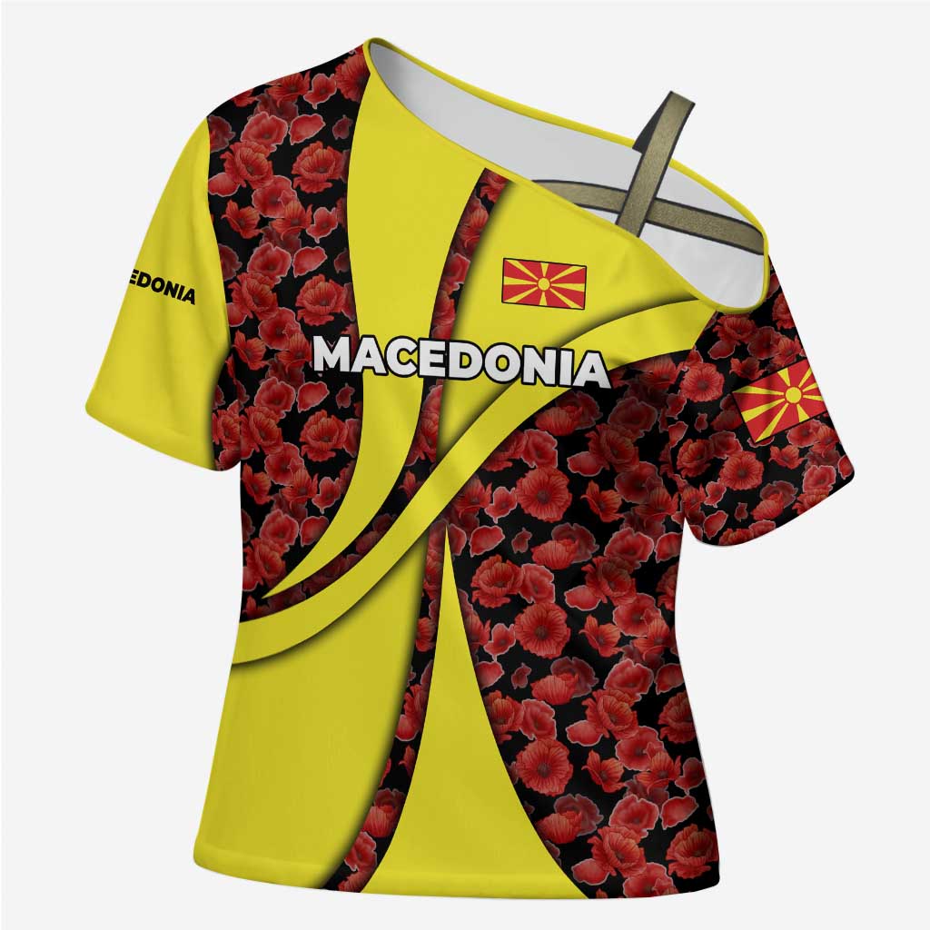 Macedonia Cross Shoulder Shirt with Red Poppy Flower and Curved Panel Design - Wonder Print Shop