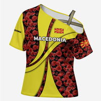 Macedonia Cross Shoulder Shirt with Red Poppy Flower and Curved Panel Design - Wonder Print Shop