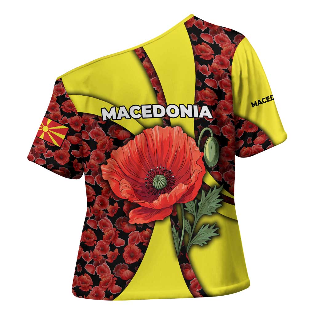Macedonia Cross Shoulder Shirt with Red Poppy Flower and Curved Panel Design - Wonder Print Shop