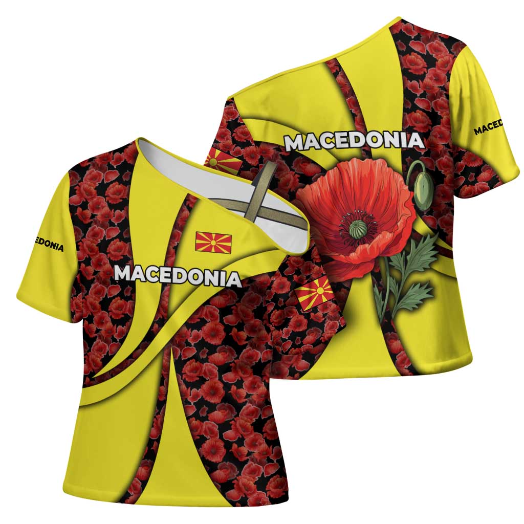 Macedonia Cross Shoulder Shirt with Red Poppy Flower and Curved Panel Design - Wonder Print Shop