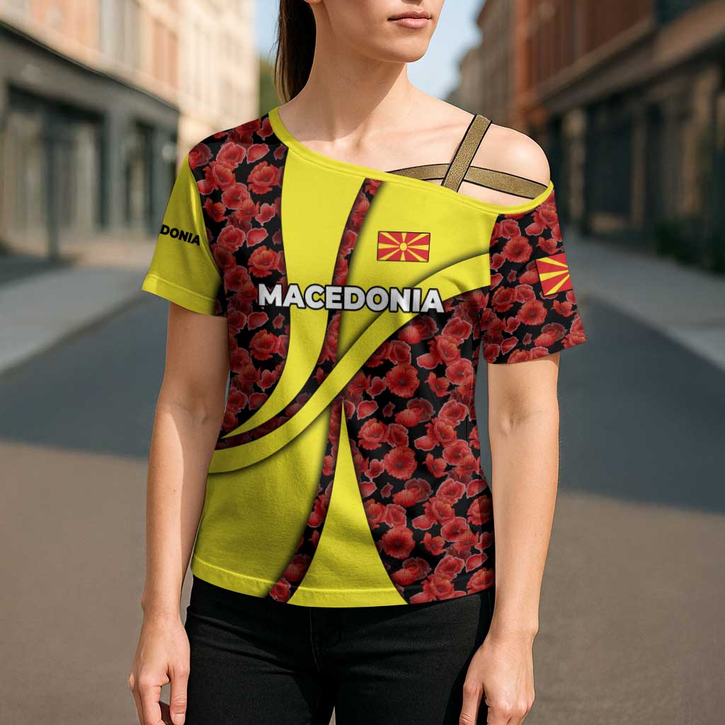 Macedonia Cross Shoulder Shirt with Red Poppy Flower and Curved Panel Design - Wonder Print Shop