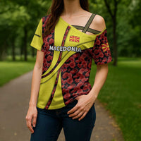 Macedonia Cross Shoulder Shirt with Red Poppy Flower and Curved Panel Design - Wonder Print Shop