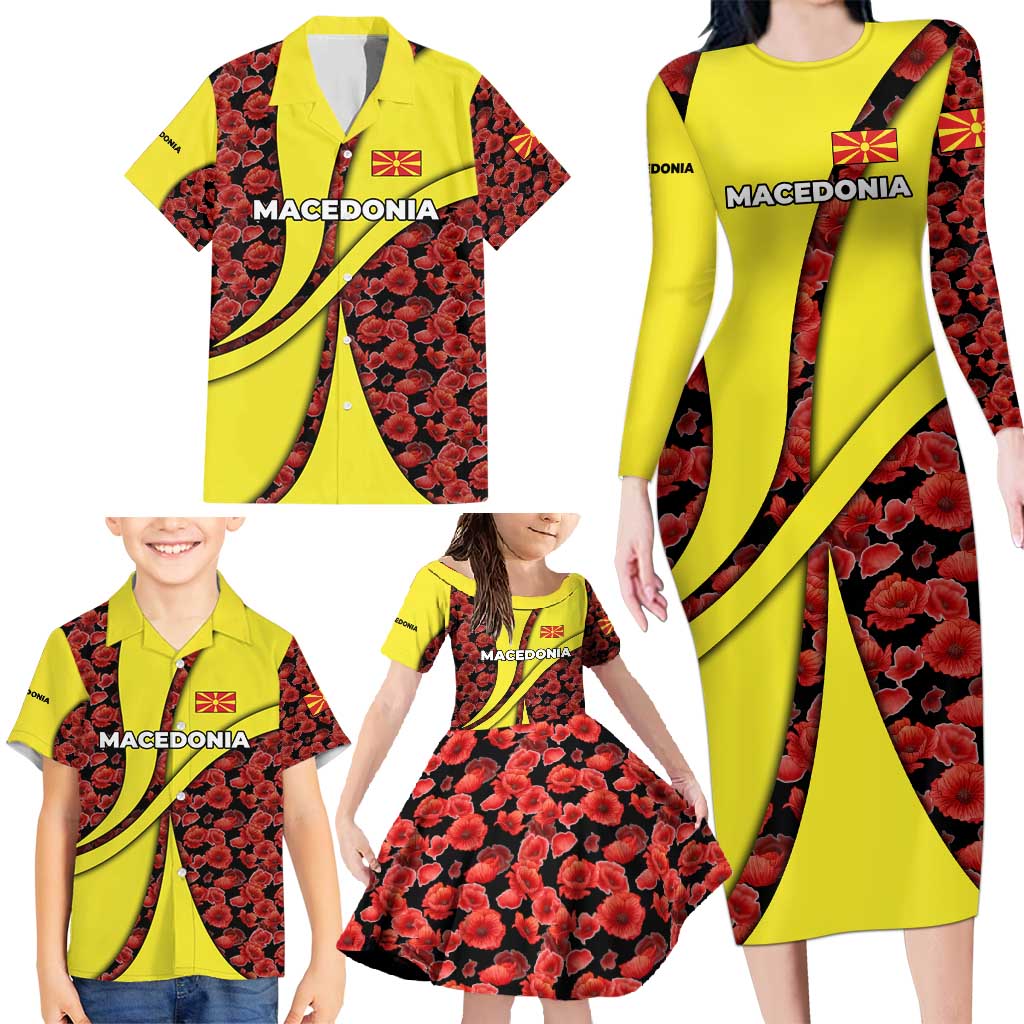 Macedonia Family Matching Long Sleeve Bodycon Dress and Hawaiian Shirt with Red Poppy Flower and Curved Panel Design - Wonder Print Shop