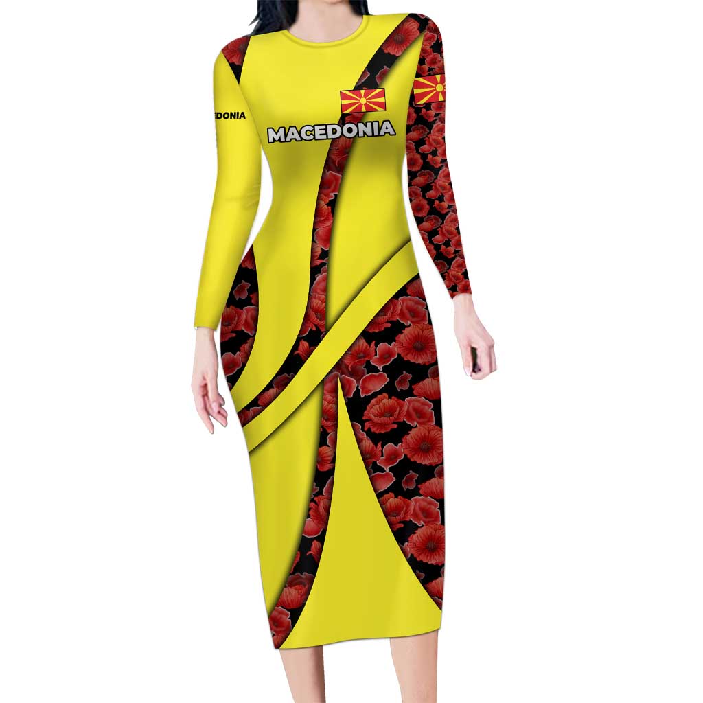 Macedonia Family Matching Long Sleeve Bodycon Dress and Hawaiian Shirt with Red Poppy Flower and Curved Panel Design - Wonder Print Shop