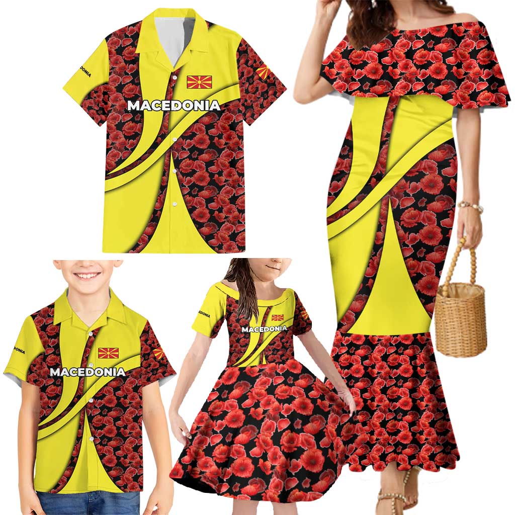 Macedonia Family Matching Mermaid Dress and Hawaiian Shirt with Red Poppy Flower and Curved Panel Design - Wonder Print Shop