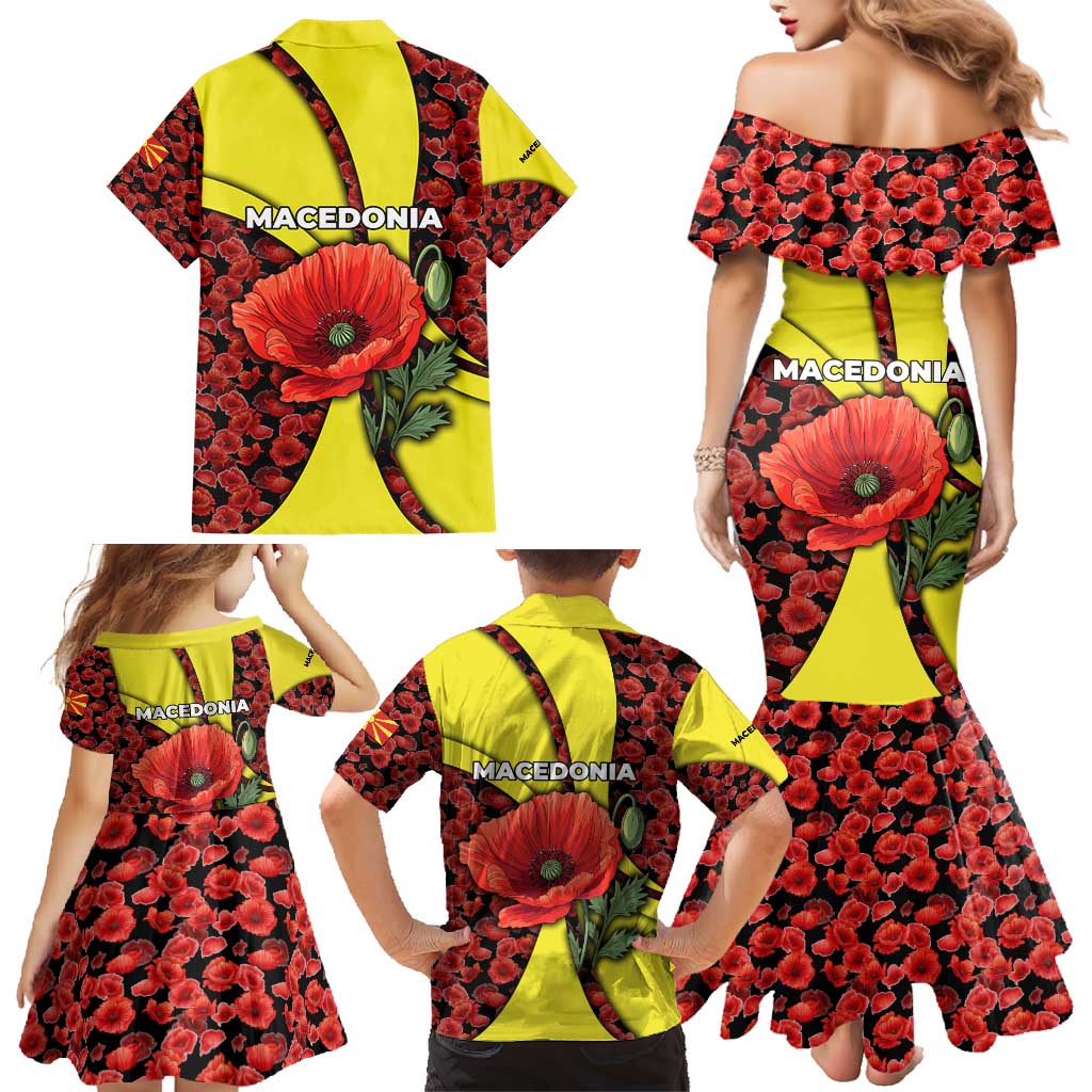 Macedonia Family Matching Mermaid Dress and Hawaiian Shirt with Red Poppy Flower and Curved Panel Design - Wonder Print Shop