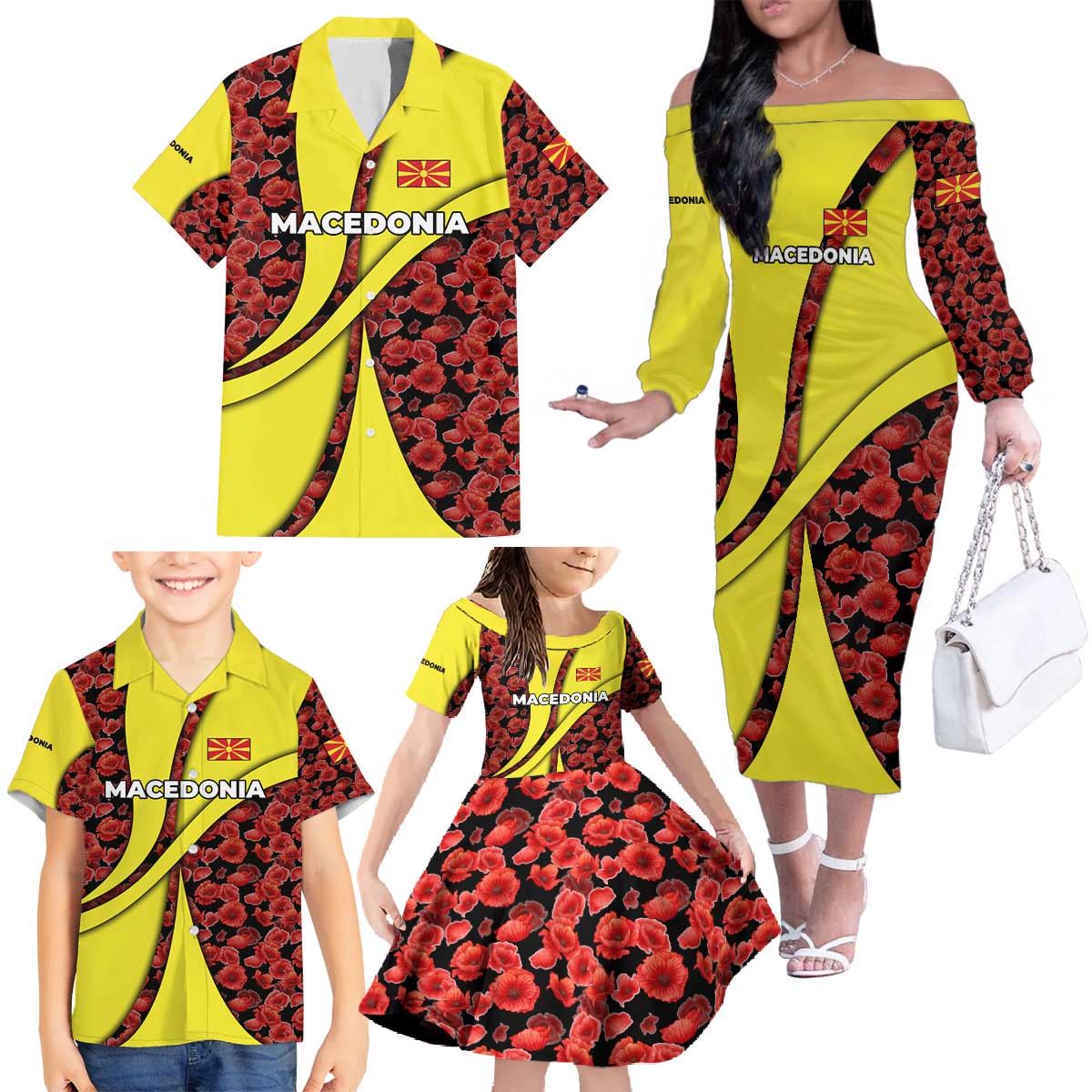 Macedonia Family Matching Off The Shoulder Long Sleeve Dress and Hawaiian Shirt with Red Poppy Flower and Curved Panel Design - Wonder Print Shop