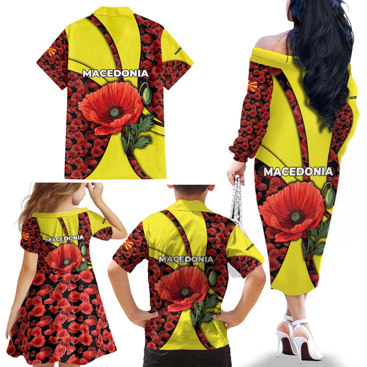Macedonia Family Matching Off The Shoulder Long Sleeve Dress and Hawaiian Shirt with Red Poppy Flower and Curved Panel Design - Wonder Print Shop