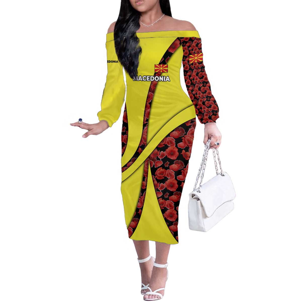 Macedonia Family Matching Off The Shoulder Long Sleeve Dress and Hawaiian Shirt with Red Poppy Flower and Curved Panel Design - Wonder Print Shop