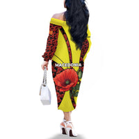 Macedonia Family Matching Off The Shoulder Long Sleeve Dress and Hawaiian Shirt with Red Poppy Flower and Curved Panel Design - Wonder Print Shop