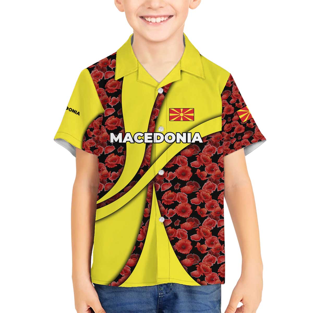 Macedonia Family Matching Off The Shoulder Long Sleeve Dress and Hawaiian Shirt with Red Poppy Flower and Curved Panel Design - Wonder Print Shop