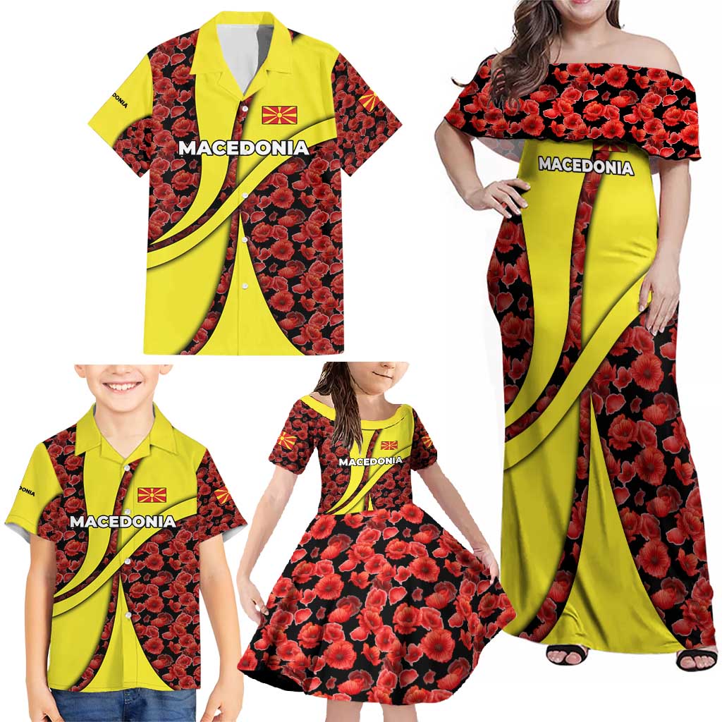 Macedonia Family Matching Off Shoulder Maxi Dress and Hawaiian Shirt with Red Poppy Flower and Curved Panel Design - Wonder Print Shop