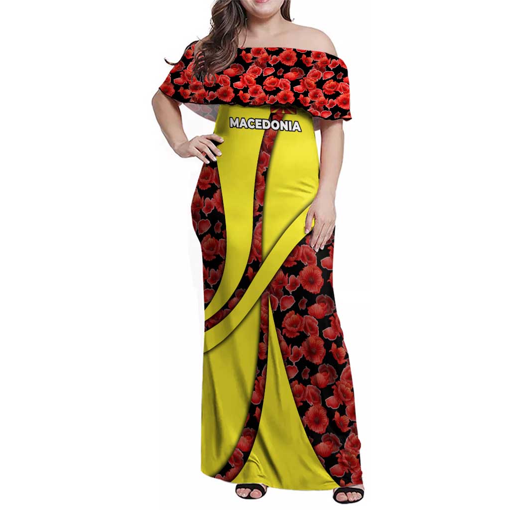 Macedonia Family Matching Off Shoulder Maxi Dress and Hawaiian Shirt with Red Poppy Flower and Curved Panel Design - Wonder Print Shop