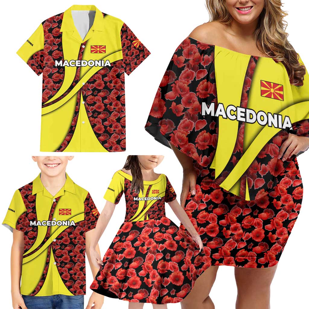 Macedonia Family Matching Off Shoulder Short Dress and Hawaiian Shirt with Red Poppy Flower and Curved Panel Design - Wonder Print Shop