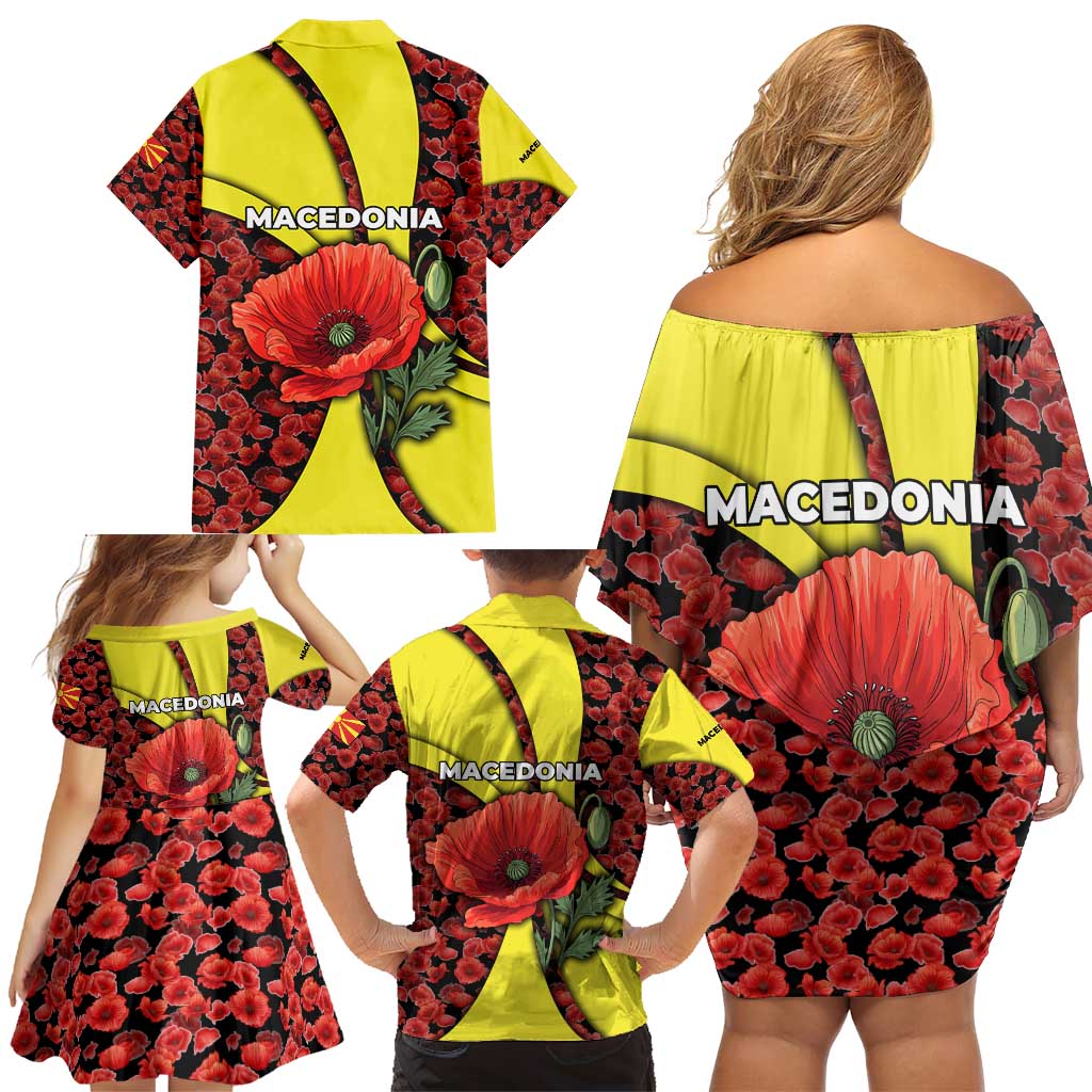 Macedonia Family Matching Off Shoulder Short Dress and Hawaiian Shirt with Red Poppy Flower and Curved Panel Design - Wonder Print Shop