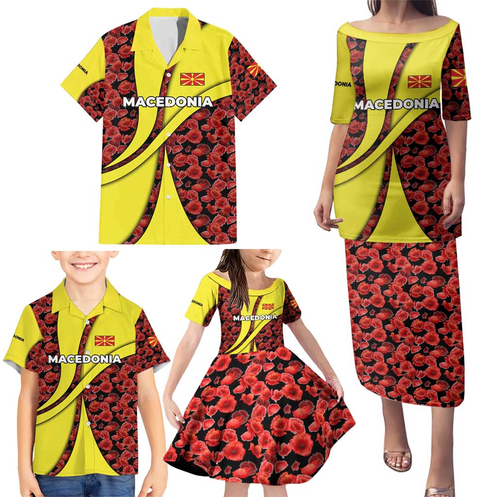 Macedonia Family Matching Puletasi and Hawaiian Shirt with Red Poppy Flower and Curved Panel Design - Wonder Print Shop